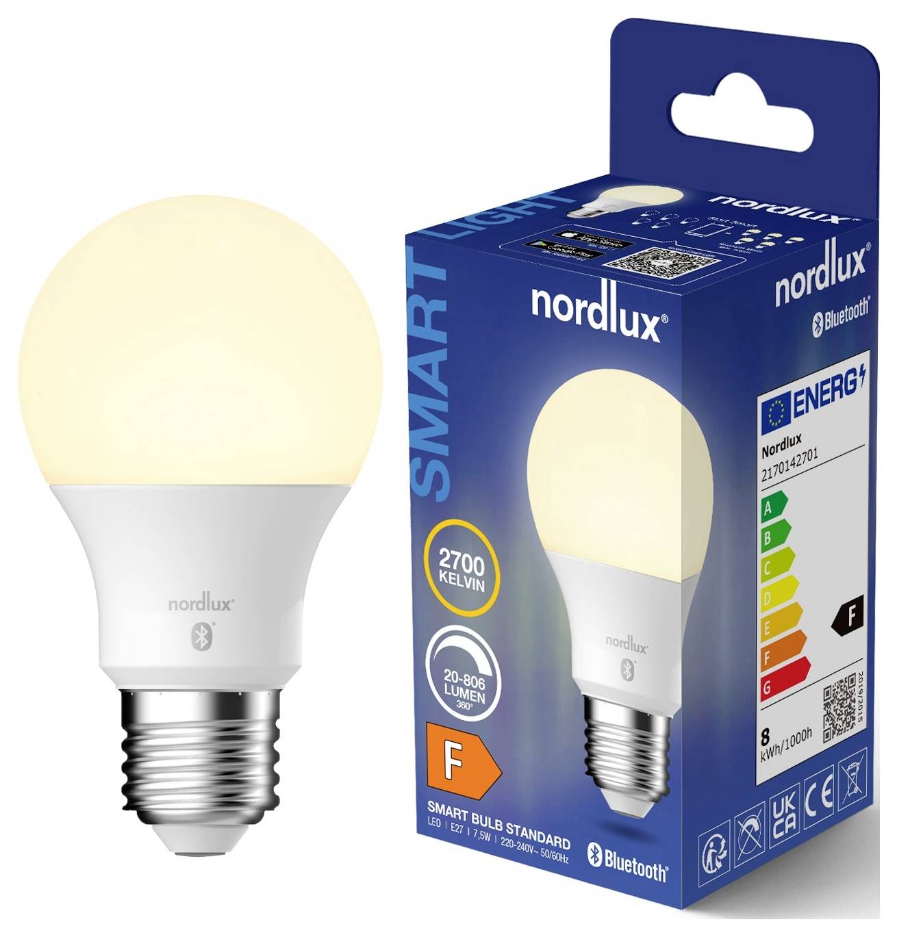 Intelligente LED-Glühbirne 'Nordlux 2700 Kelvin, 210-806 Lumen, F-Klasse', Bluetooth-fähig, abgebildet neben ihrer Verpackung, die Energieeffizienz hervorhebt.