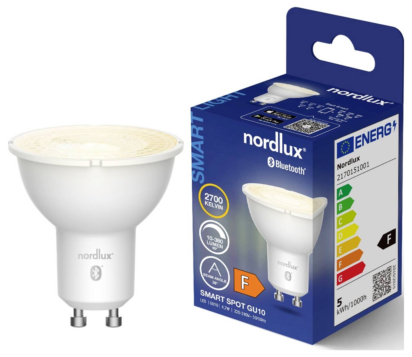 'Nordlux Smart Spot GU10' LED-Birne neben ihrer Verpackung. Energieeffizienzklasse F, 2700 Kelvin, 5 Watt, 200 Lumen. Bluetooth-Funktion auf der Verpackung hervorgehoben.