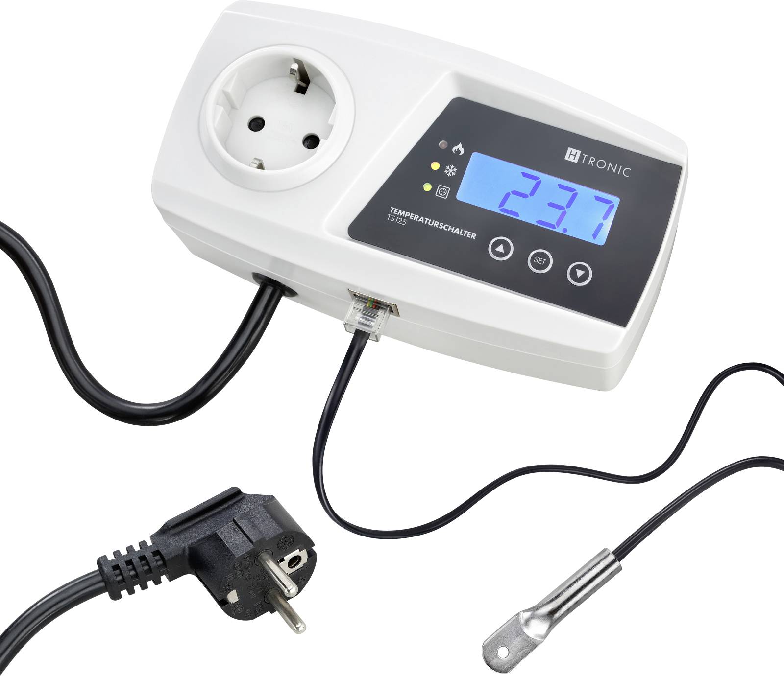 Steckdosenthermostat mit digitaler Anzeige, die „23,7