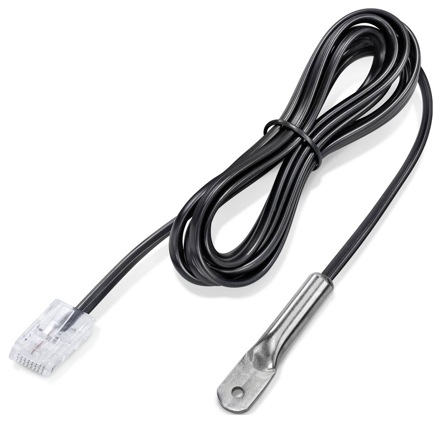 Ein Ethernet-Kabel mit einem RJ45-Stecker auf der einen Seite und einem Ringkabelschuh auf der anderen Seite, verwendet für Temperatursensoren oder Erdungsanwendungen.