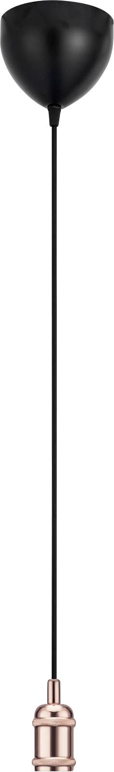 Eine moderne Pendelleuchte mit einer schwarzen Deckenhalterung, langem schwarzem Kabel und einer metallischen Bronzefassung für eine Glühbirne am Ende.
