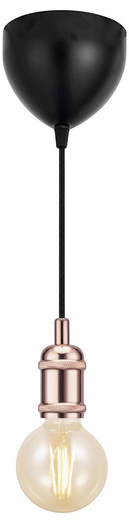 Eine moderne Pendelleuchte mit schwarzer Deckenhalterung, schlankem Kabel und einer kupferfarbenen Fassung, die eine leuchtende freigelegte Glühbirne hält.