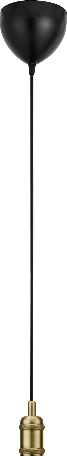 Eine einzelne schwarze Pendelleuchte mit messingfarbenem Lampenfassung, mit minimalistische Gestaltung und hängend an einer dünnen schwarzen Kordel.