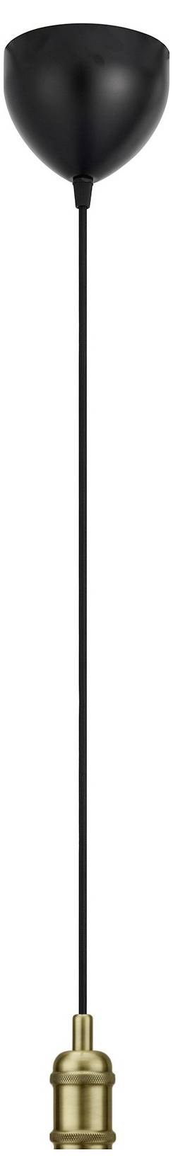 Eine schwarze Pendelleuchte mit langem schwarzem Kabel und einer Messingfassung, entworfen für die Verwendung mit einer einzelnen Glühbirne.