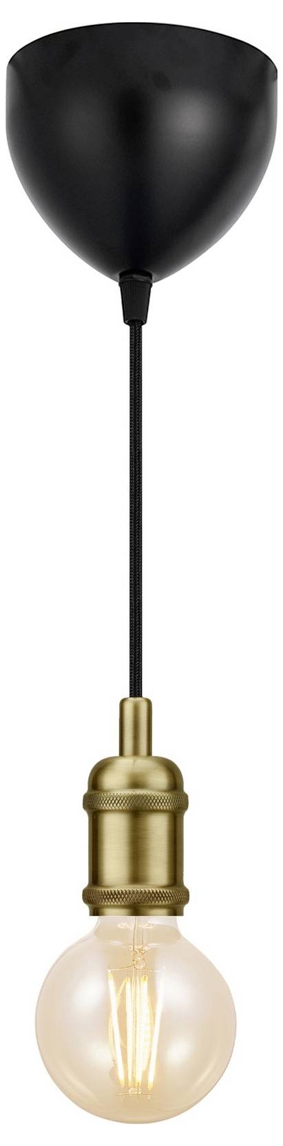 Eine schwarze Pendelleuchte mit einer goldfarbenen Fassung und einer freiliegenden glühenden Glühfadenbirne, die an einem schwarzen Kabel hängt.