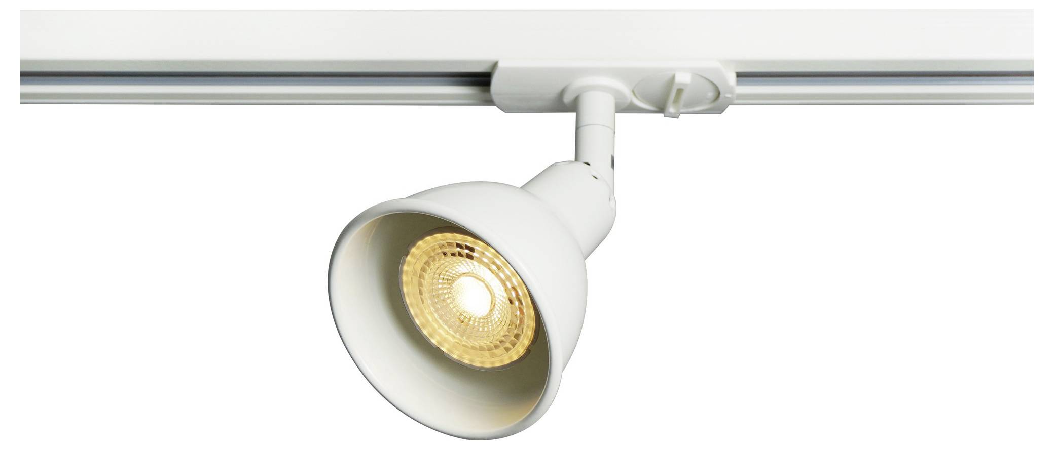 Ein weißes Tracklight mit konischem Design ist auf einem Schienensystem montiert und beleuchtet einen Bereich darunter.