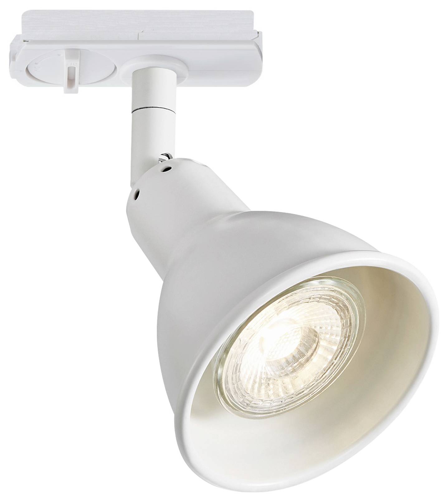 Eine weiße Schienenstrahler-Leuchte mit verstellbarem Spotlight und modernem Design, die Licht nach unten fokussiert für gezielte Beleuchtung.