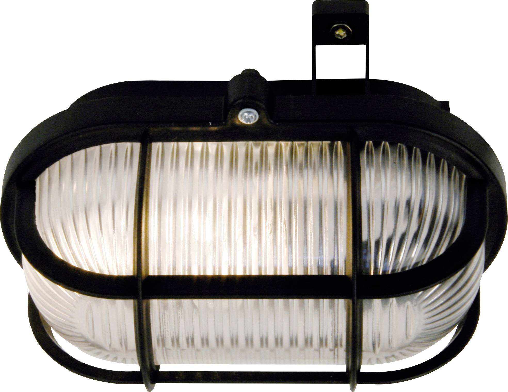 Ovale Außenwandleuchte mit transparentem, geripptem Glaschutz und schwarzem Metallrahmen, geeignet zur Beleuchtung von Außenbereichen.