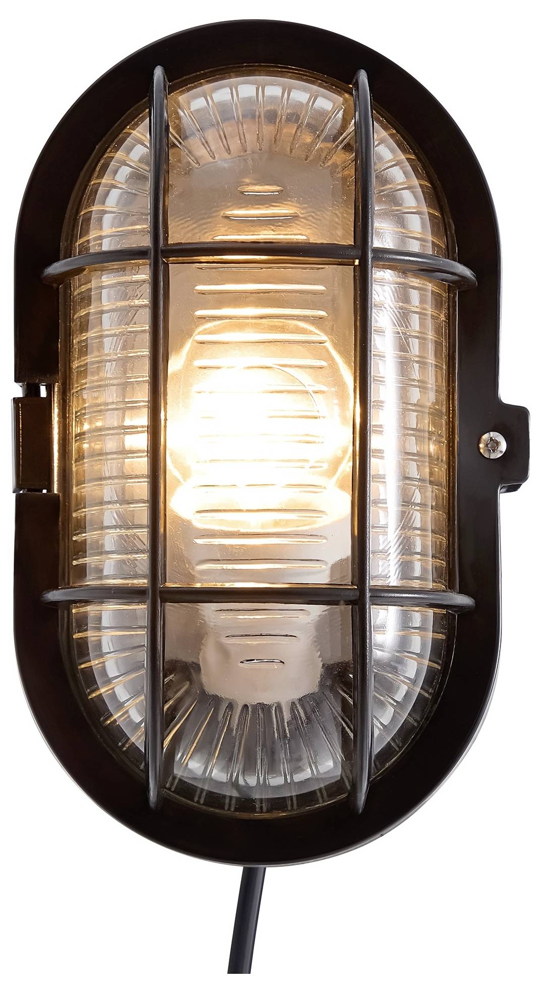 Ein ovales Wandleuchte im Industriestil mit transparentem Glaszylinder und Metallgitter, illuminiert durch eine leuchtende Glühbirne im Inneren.