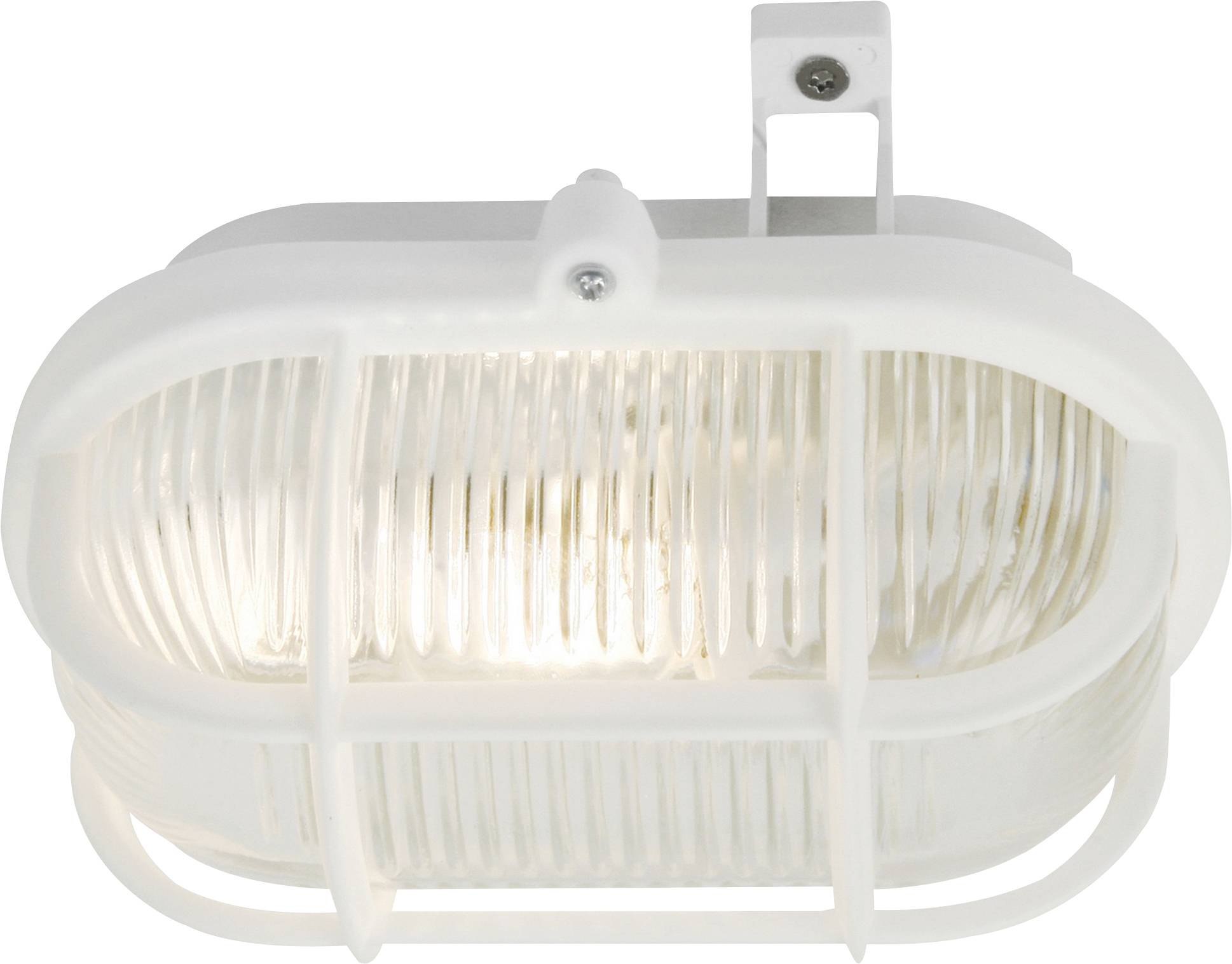 Ein weißes ovales Außenwandleuchte mit geripptem Glassschirm und schützenden Metallkäfig, auf einer Oberfläche montiert.