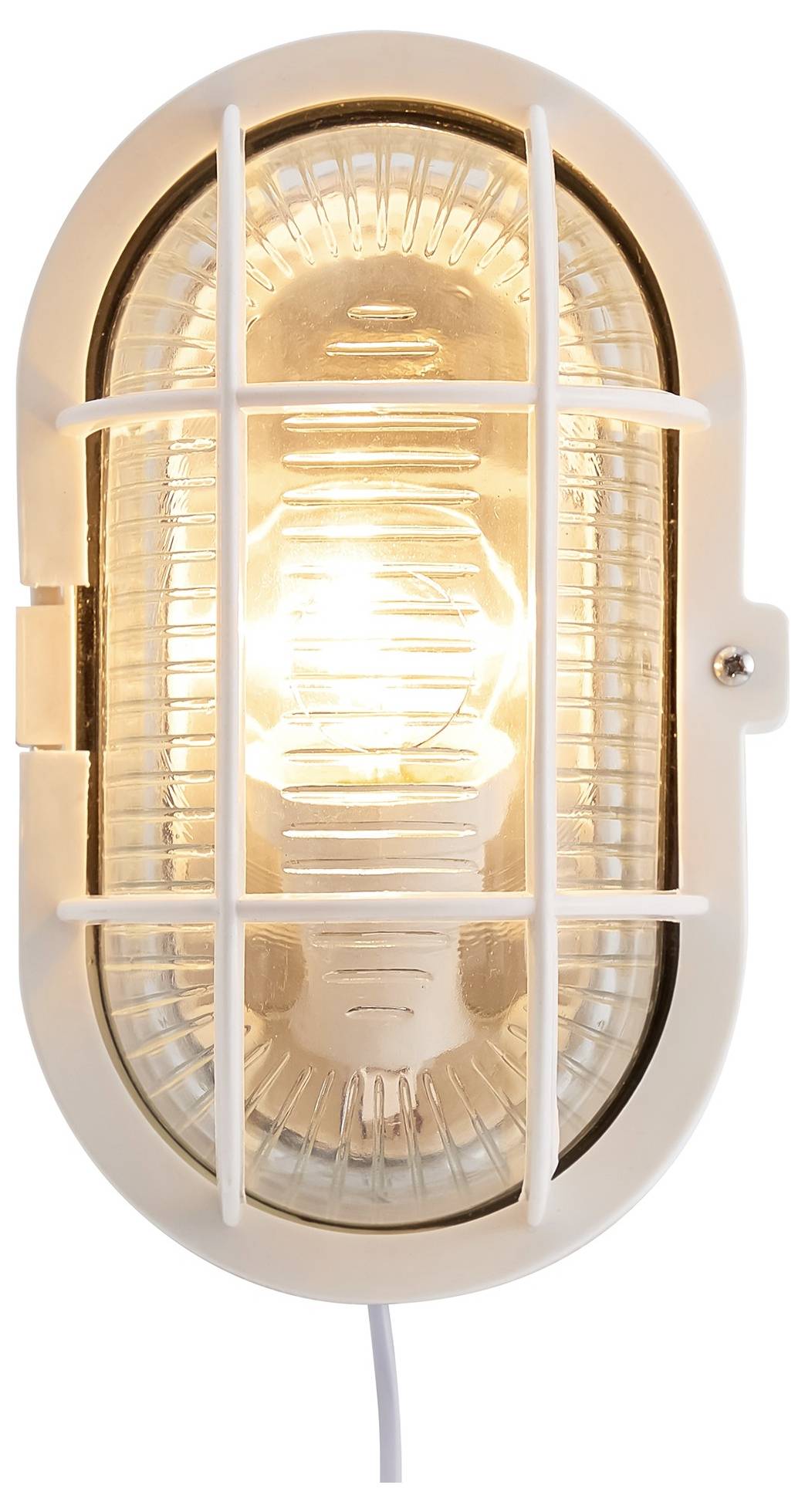 Oval-förmige industrielle Wandleuchte mit Metallgitterdesign und leuchtender Glühbirne im Inneren, montiert und beleuchtet.