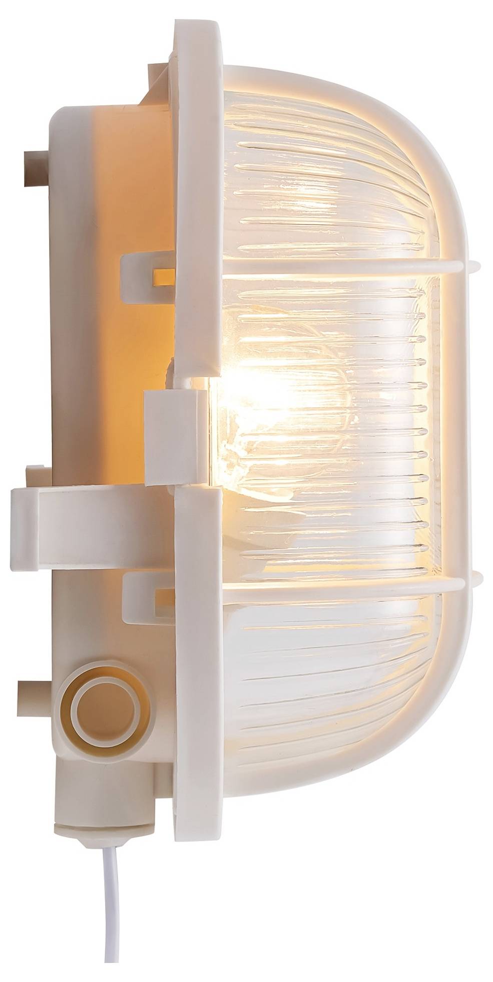 Eine Seitenansicht einer beleuchteten, ovalen, vergitterten Wandleuchte mit einer mattierten Glasabdeckung, die einen warmen Glanz ausstrahlt.