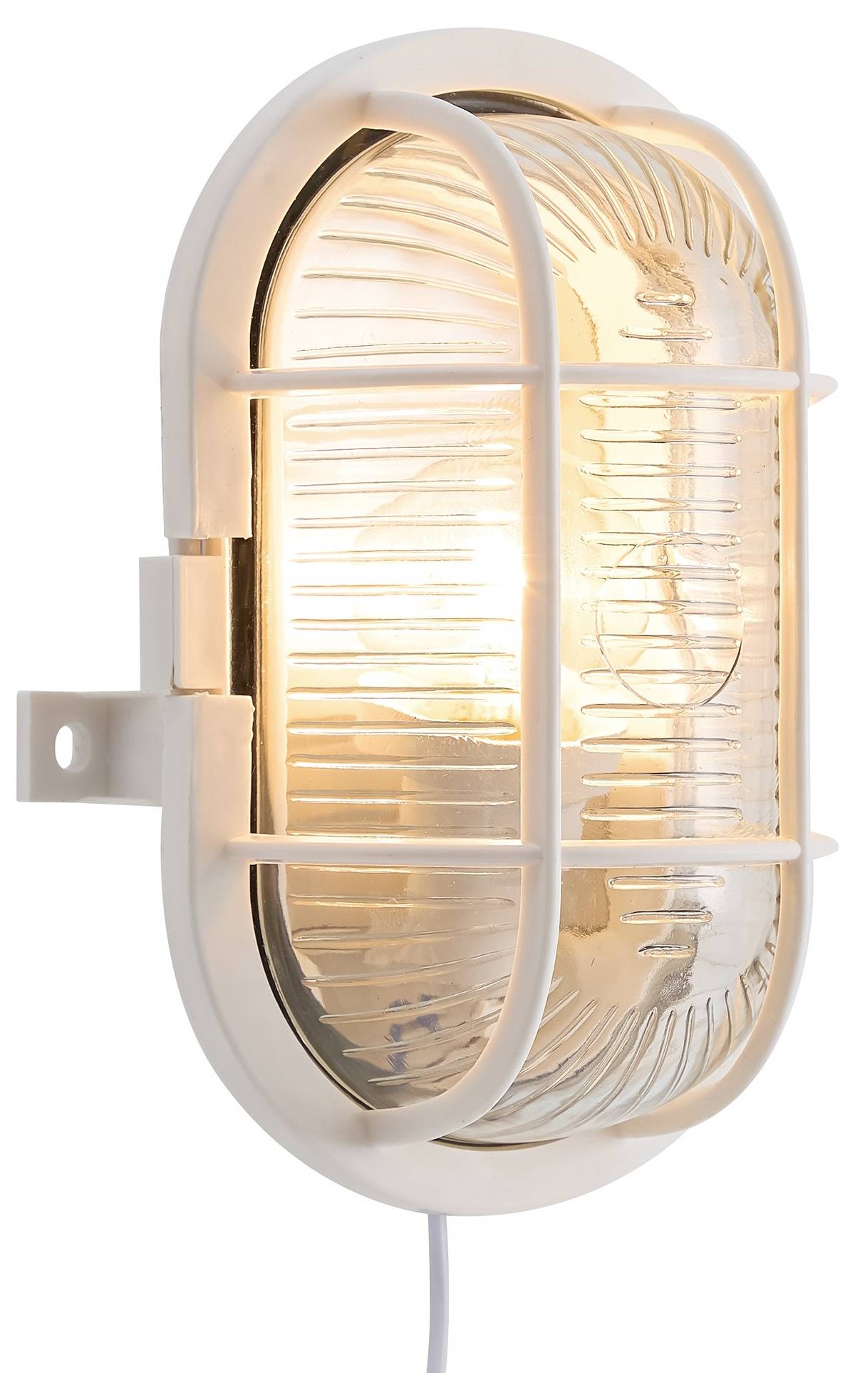 „Eine ovale, industriell gestaltete Wandleuchte mit Metallkäfig und Glasabdeckung, die mit warmem, weichem Licht leuchtet.