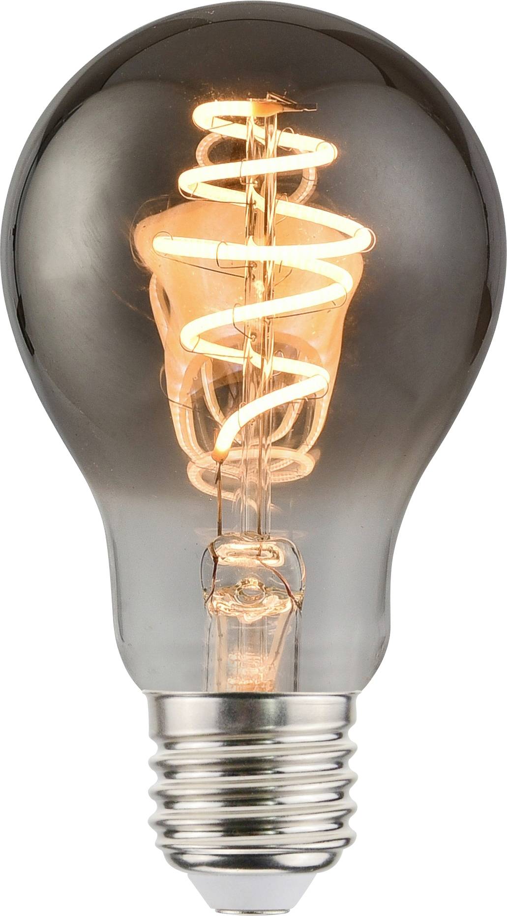 Eine LED-Glühbirne im Vintage-Stil mit sichtbarem spiralförmigem Glühfaden leuchtet warm und präsentiert ihr Design sowie ihre Energieeffizienz.