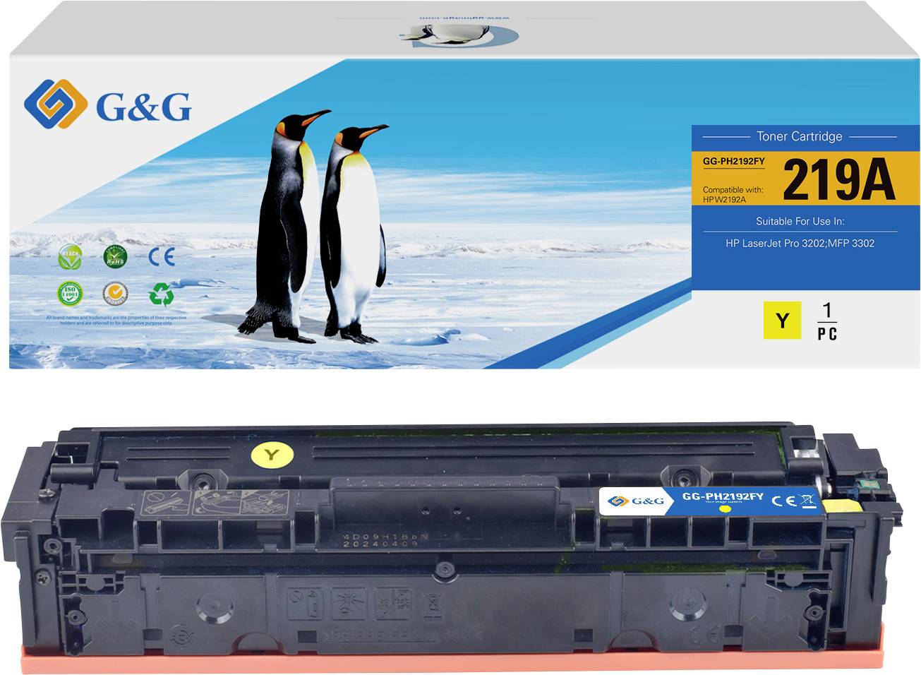 »Toner-Kartusche 219A« Verpackung mit zwei Pinguinen, kompatibel mit bestimmten HP LaserJet Modellen. Toner wird unter der Box angezeigt.