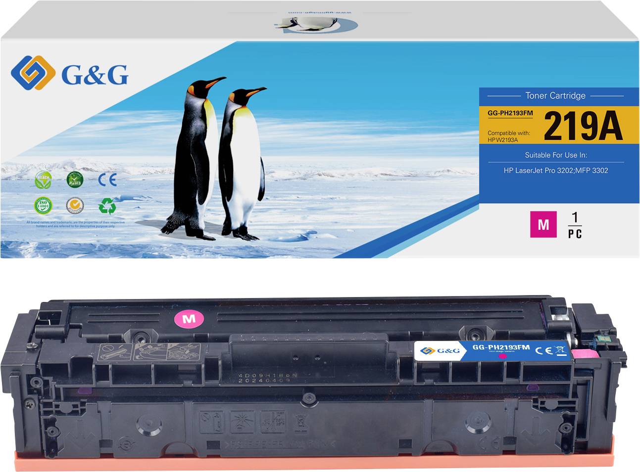 G&G Tonerpatrone 219A, kompatibel mit HP LaserJet Pro M203/MPF 2302, Magentafarbe. Die Verpackung zeigt Pinguine in einer eisigen Landschaft.