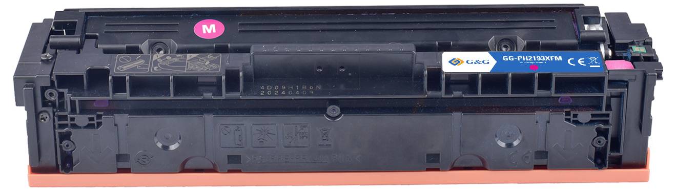 Eine Druckertonerkassette mit einem magentafarbenen Etikett mit der Beschriftung „M