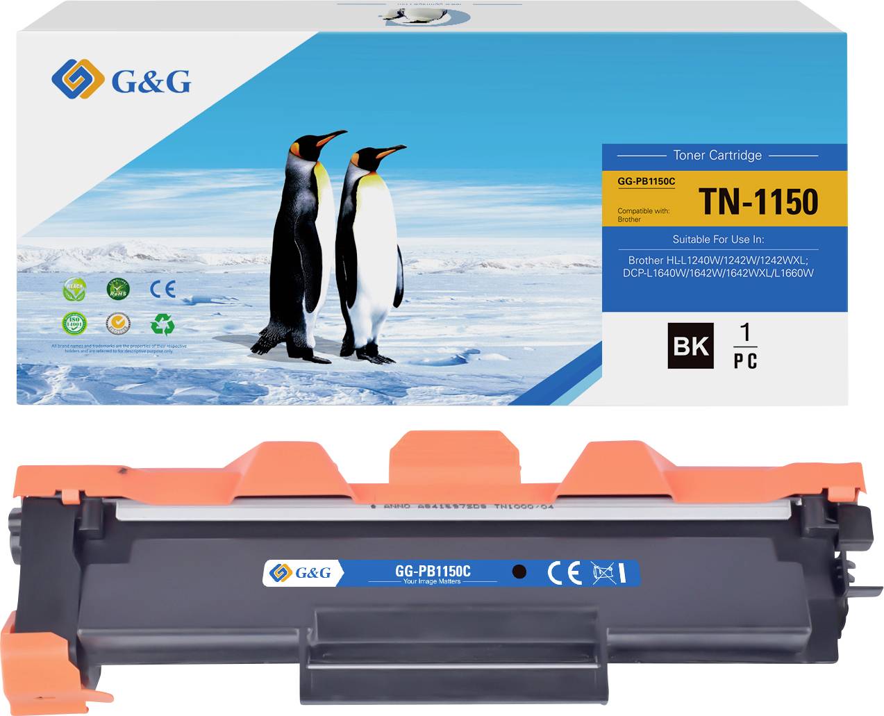 Verpackung für G&G TN-1150 Tonerpatrone mit zwei Pinguinen auf blauem Hintergrund. Kompatibel mit bestimmten Brother-Druckern.