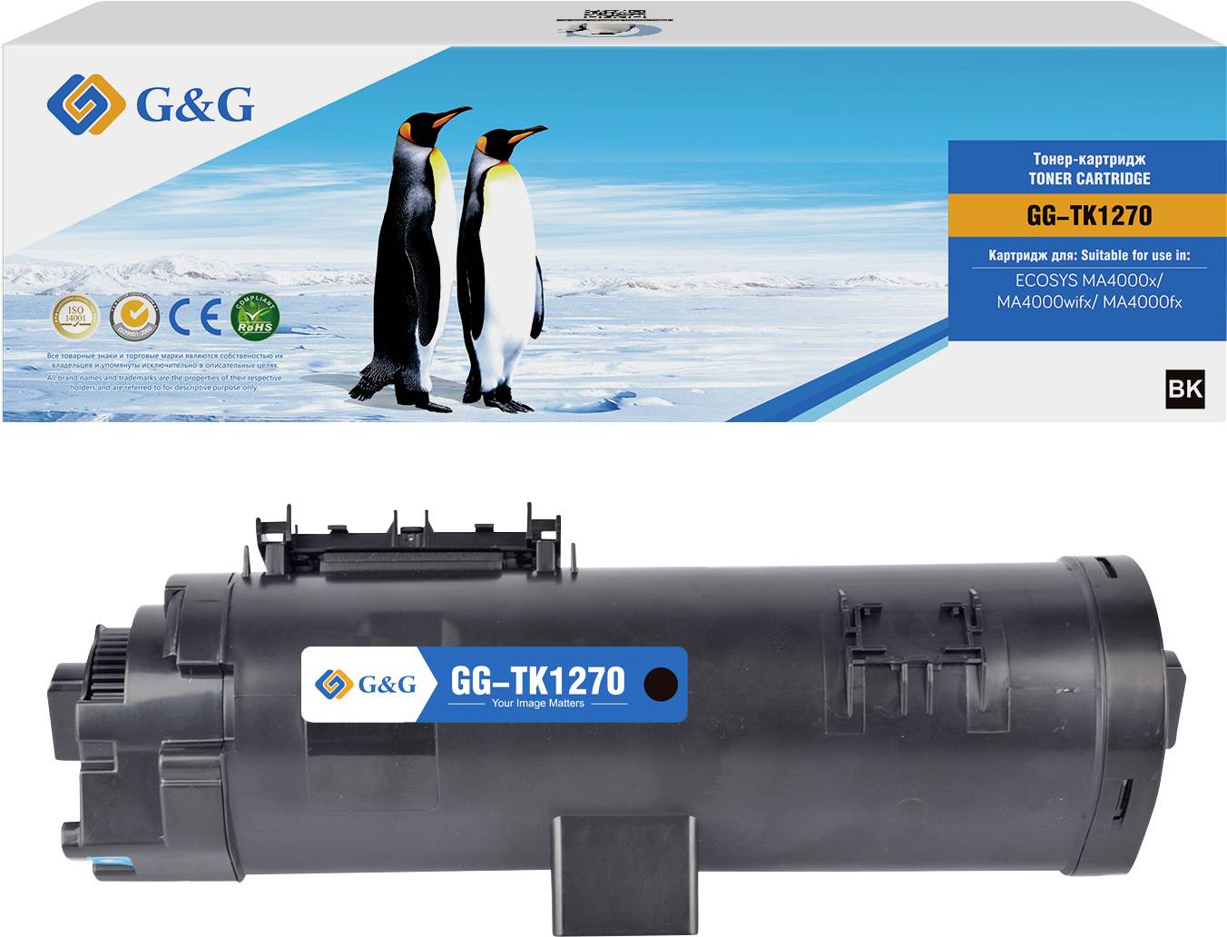 Toner-Kartuschenbox mit Pinguinbild, gekennzeichnet mit GG-TK1270, kompatibel mit ECOSYS MA4000/ MA4000w/ MA4000Fk Druckern.
