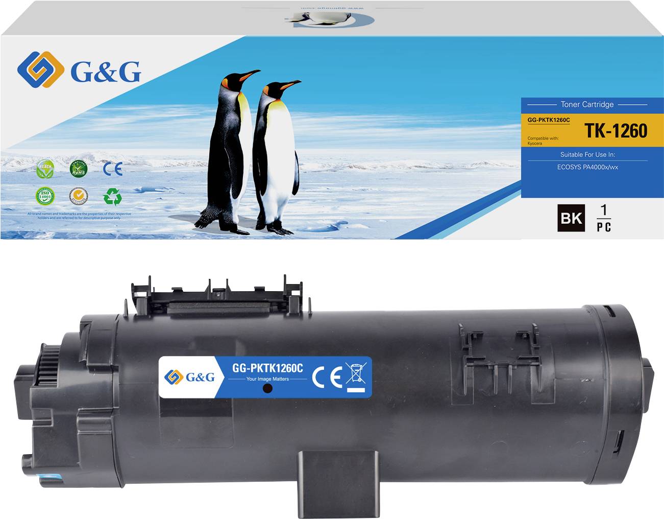 Produktbild, das eine G&G-Tonerkartusche TK-1260 zeigt, mit Verpackung, auf der Pinguine und Symbole für Umweltfreundlichkeit und Kapazität dargestellt sind.