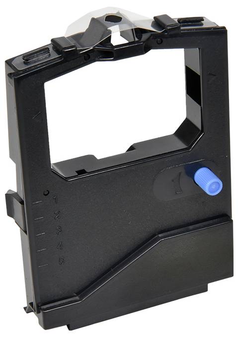 Schwarze Druckerband-Kassette mit blauem Einstellknopf, verwendet für Nadeldrucker oder Schreibmaschinen.