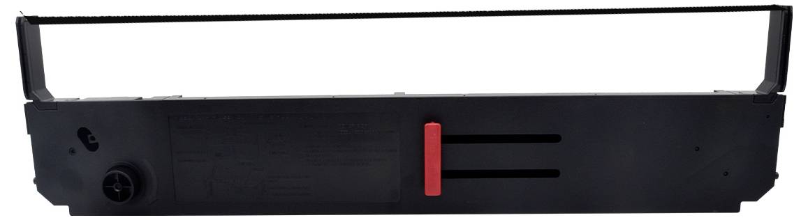 Schwarze Druckerband-Kassette mit rotem Schieber, verwendet für Nadeldrucker.