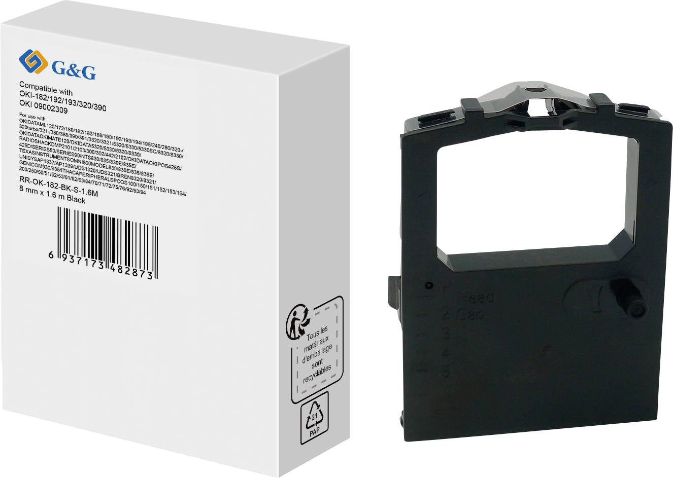 Schwarze Tintenband-Patrone und weißer Karton mit Markenlogo und Kompatibilitätsdetails für spezifische Druckermodelle.