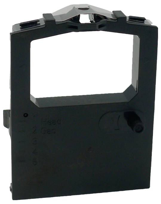 Schwarze Kassettenbandrolle für einen Drucker mit rechteckigem Rahmen und einer Spulenabdeckung oben.