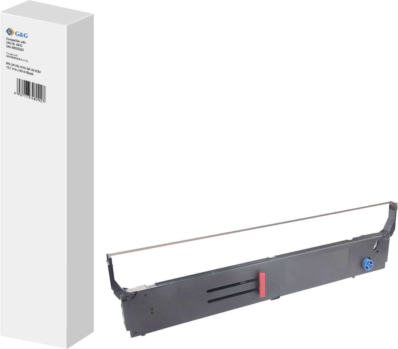 Ein Druckerband-Cartridge und seine Verpackungsbox werden gezeigt. Die Cartridge ist schwarz mit einer roten und blauen Komponente, neben einer weißen Box.