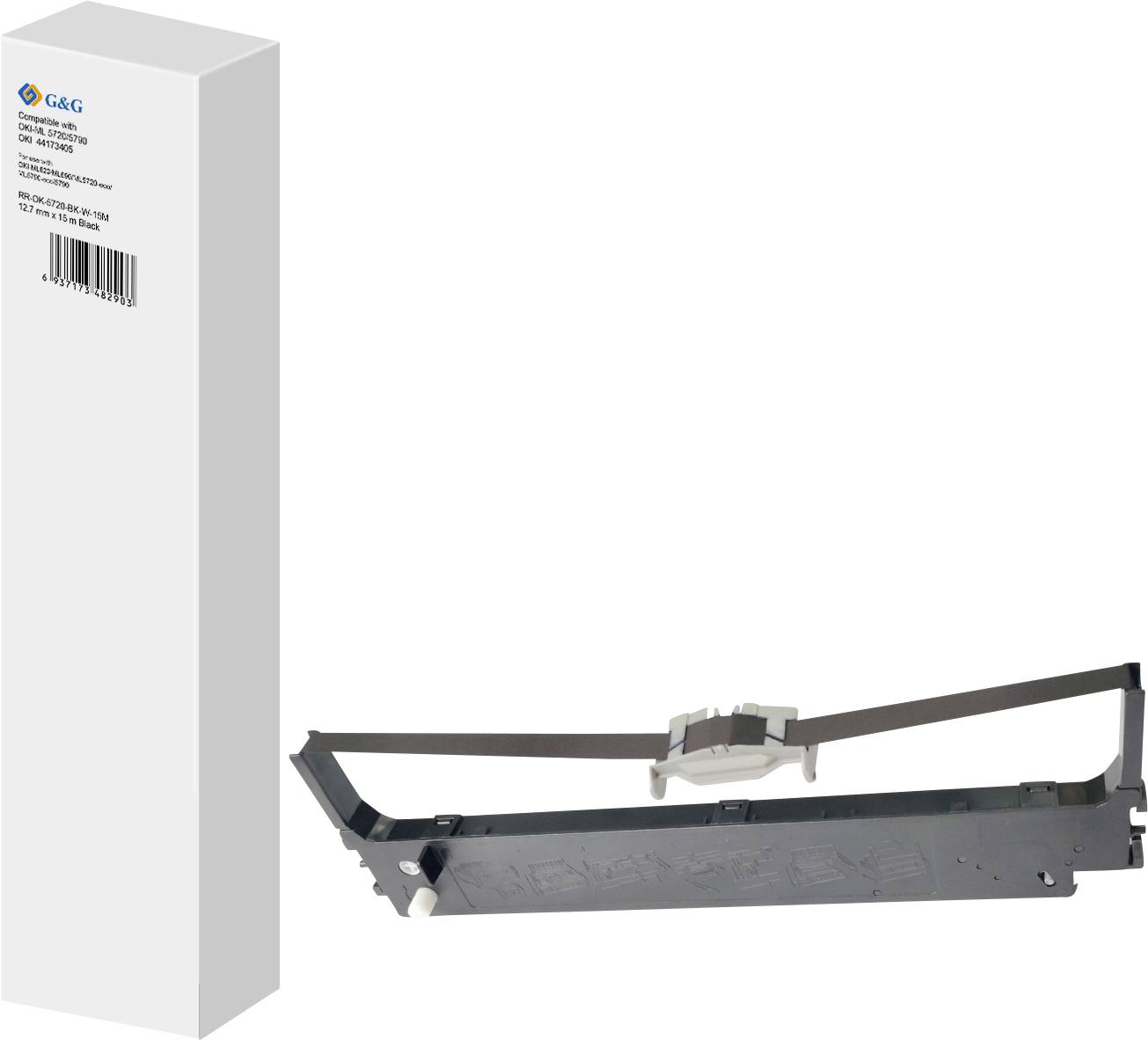 Eine Druckerband-Kassette der Marke G&G ist neben ihrer Verpackungsbox abgebildet, die die Kompatibilität mit bestimmten Epson-Druckern anzeigt.