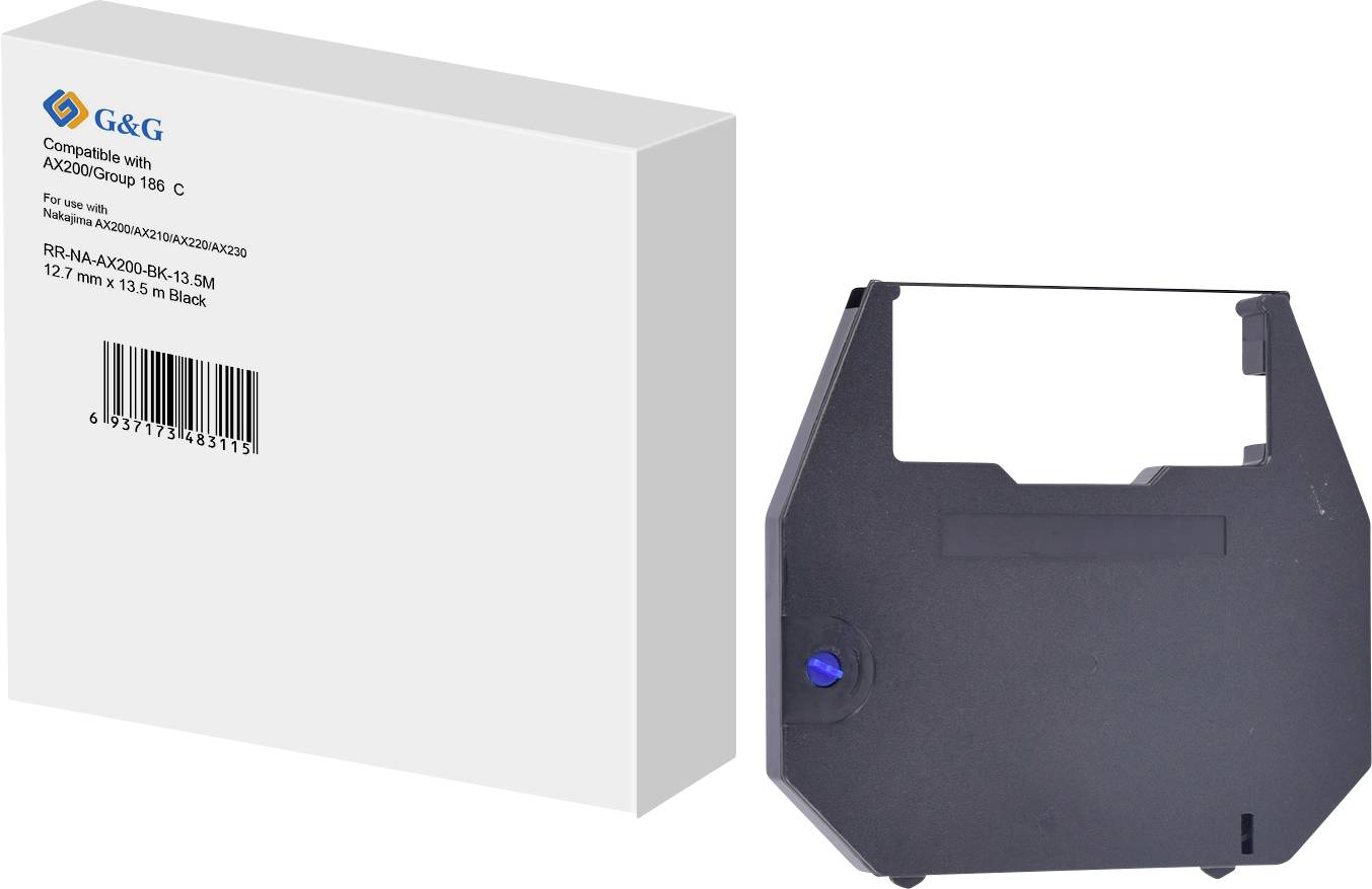 Schwarze Tintenbandspatrone neben weißer Verpackungsschachtel. Kompatibel mit AX000Group 160 C, Abmessungen 12,7 mm x 13,5 m.