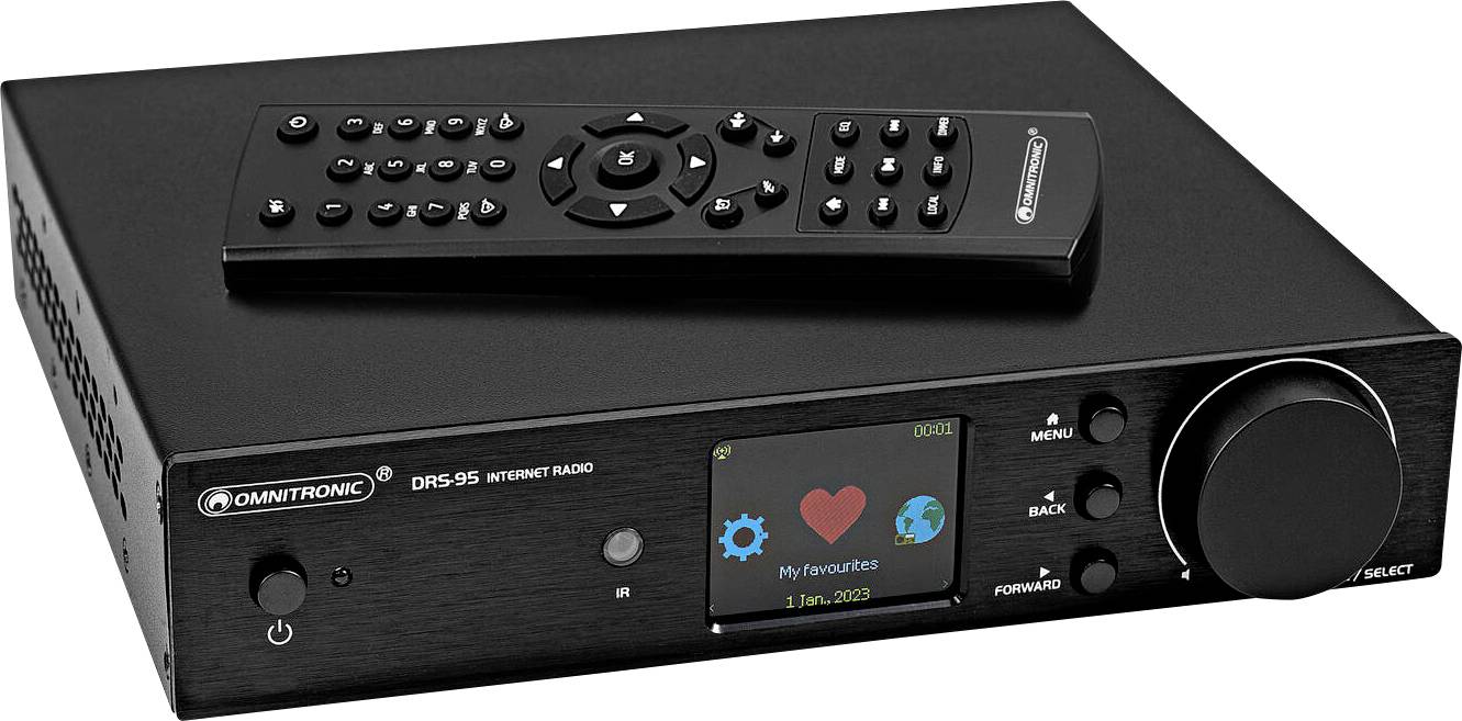 Ein schwarzes Omnitronic DRS-15S Internetradio mit einer vorderen Anzeige, die 