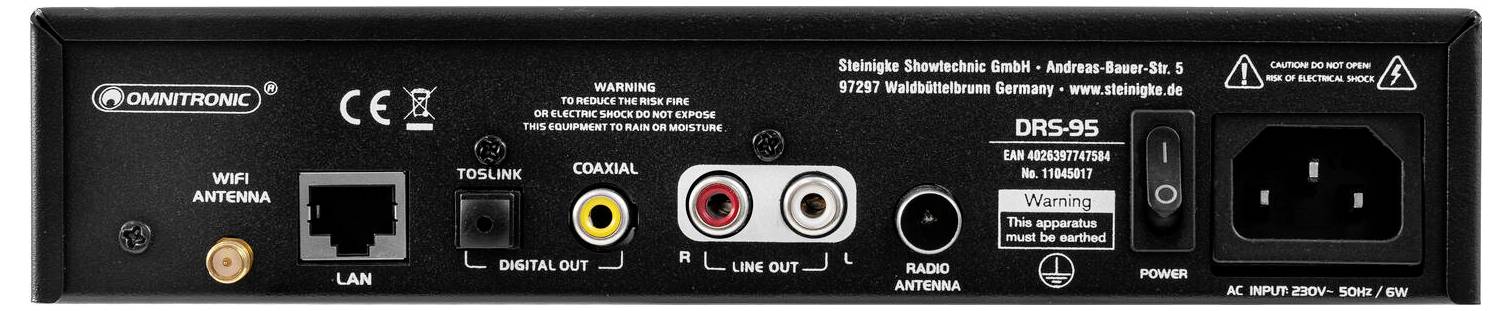 Rückseite eines Audiogeräts mit HDMI-, LAN- und Stromanschlüssen, beschriftete Ein- und Ausgänge für digitale und analoge Verbindungen.