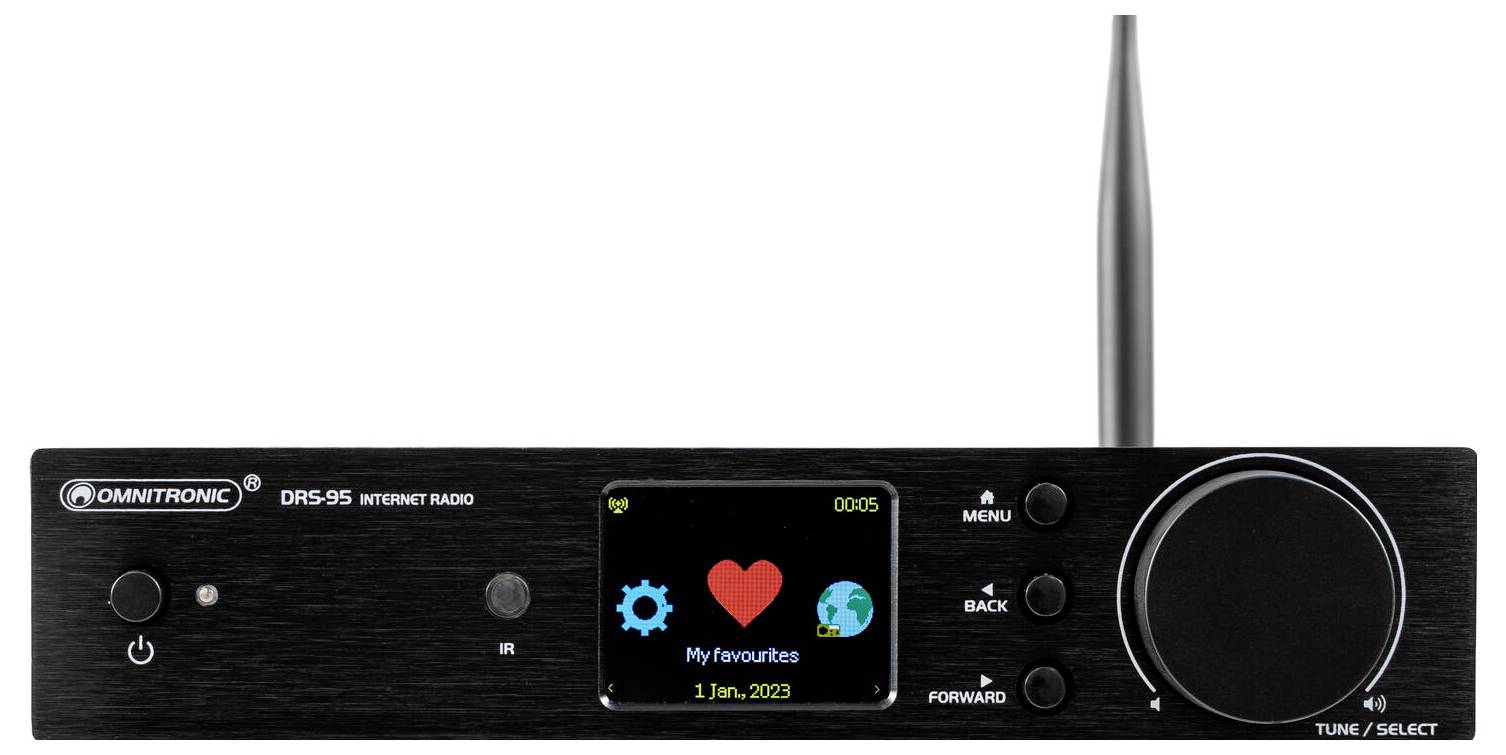Omnitronic DRS-95 Internetradio mit Display, das Lieblingsspeicherlisten-Optionen zeigt, Steuertasten und eine Antenne.