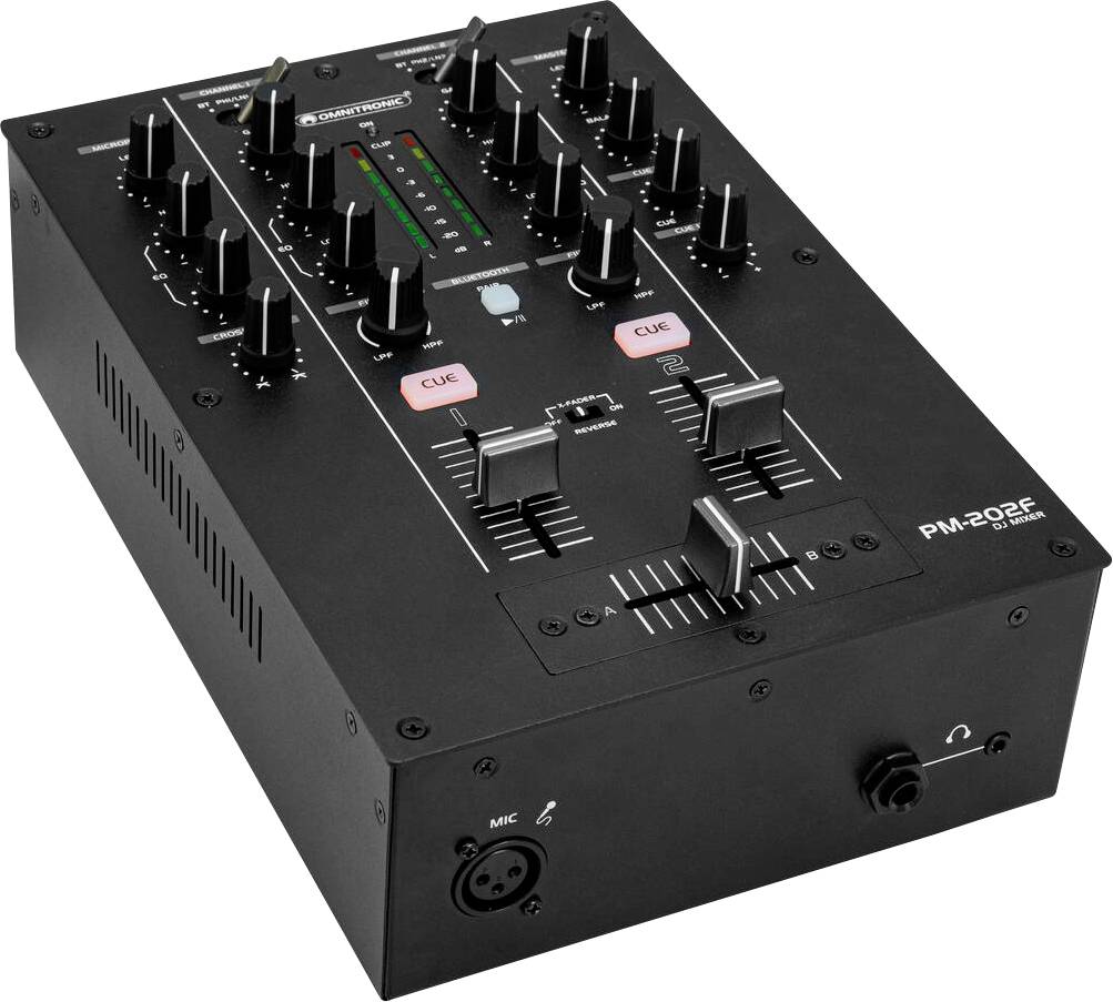 „DJ-Mixer mit Drehreglern, Schiebereglern und Mikrofoneingang, beschriftet mit „American Audio PM-22P