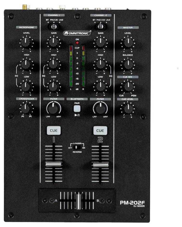 DJ-Mixer mit mehreren Drehreglern, Fadern und LED-Anzeigen zur Audiomischung und Effektanpassung. Modell: PM-202F Omnitronic.
