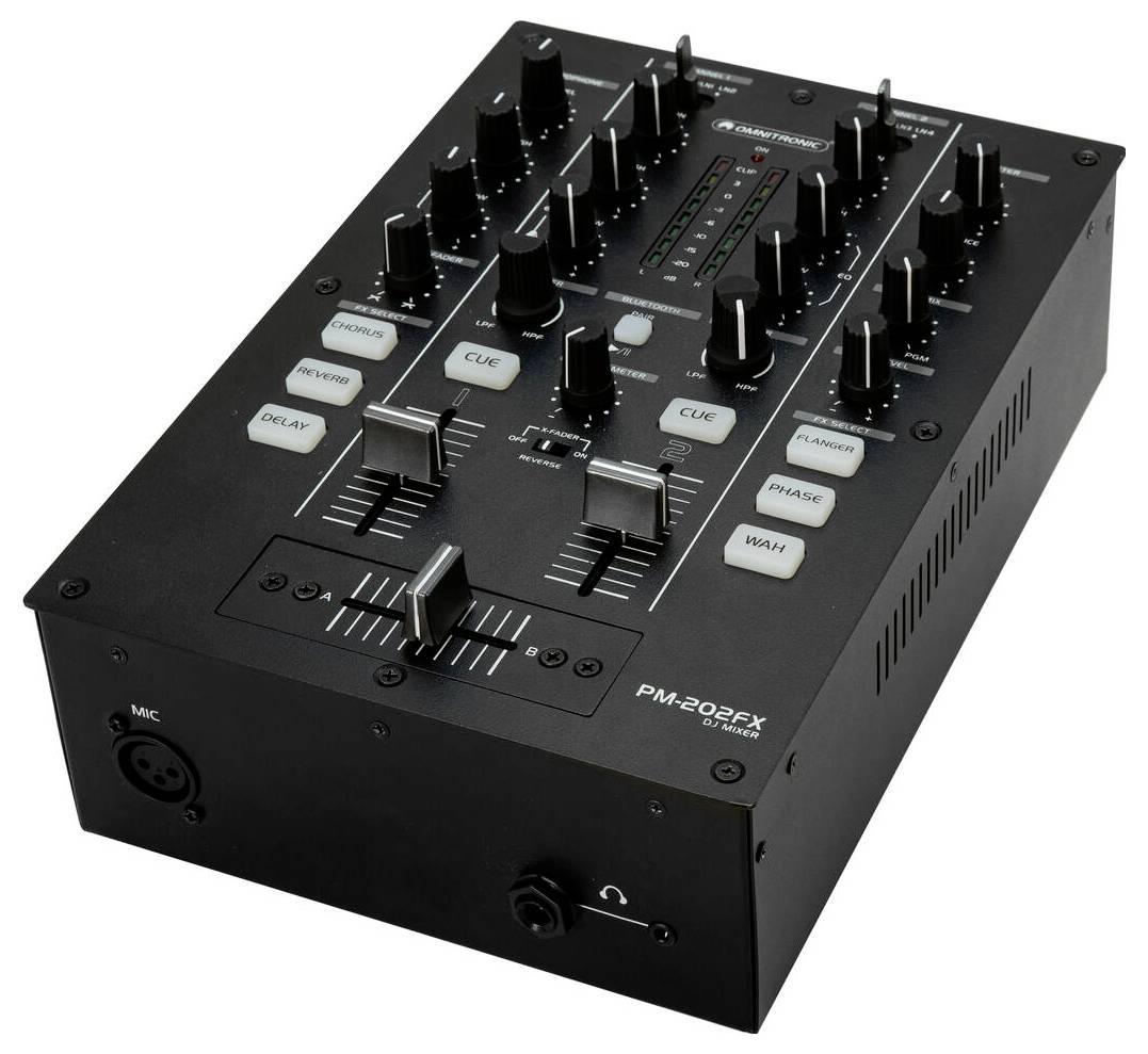 Ein schwarzer Audio-Mixer mit verschiedenen Knöpfen, Schiebereglern und Schaltern. Die Bedienelemente umfassen Lautstärke, Balance und Spezialeffekt-Einstellungen.