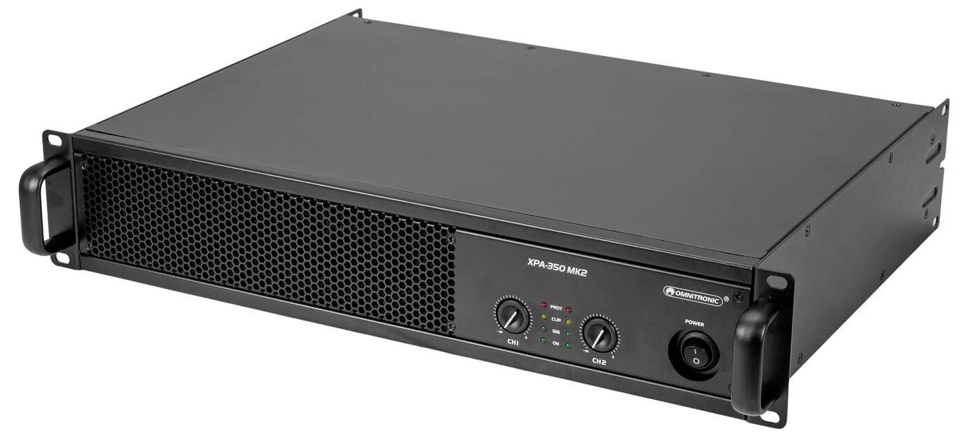 Schwarzer Audio-Verstärker mit Frontblendenbedienelementen, einschließlich Lautstärkeregler, LED-Indikatoren und Belüftungsgitter; Rack-Montage-Design.