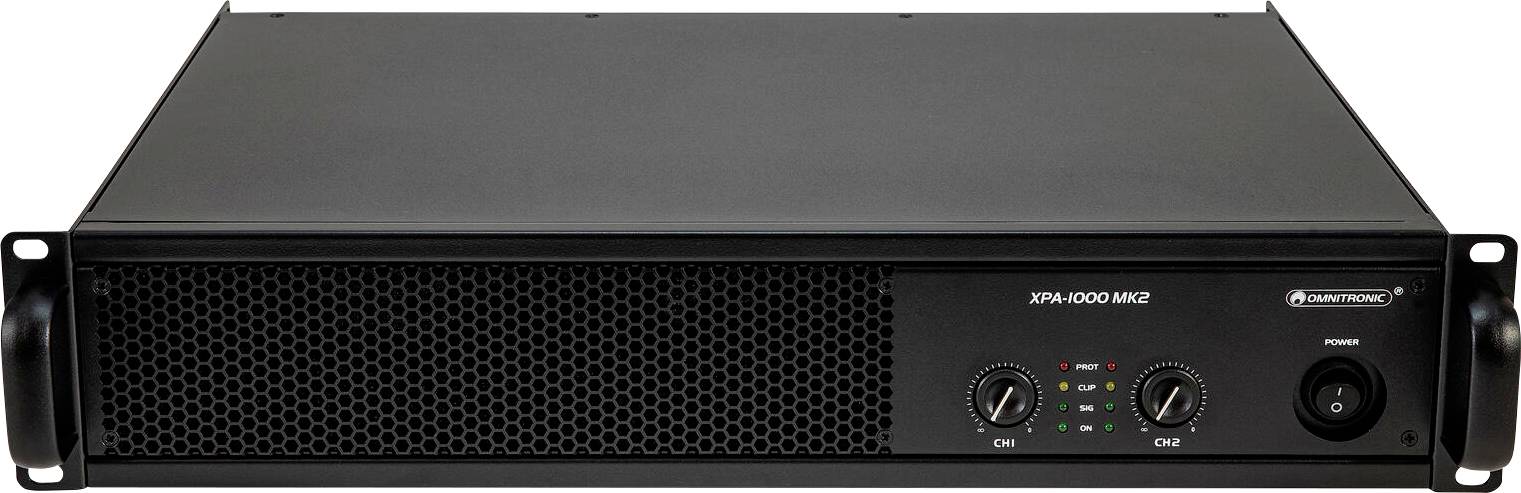 'Frontansicht eines Audioverstärkers mit schwarzem Gehäuse, belüfteter Blende, Ein-/Ausschalter und zwei Lautstärkereglern mit den Beschriftungen „CH1