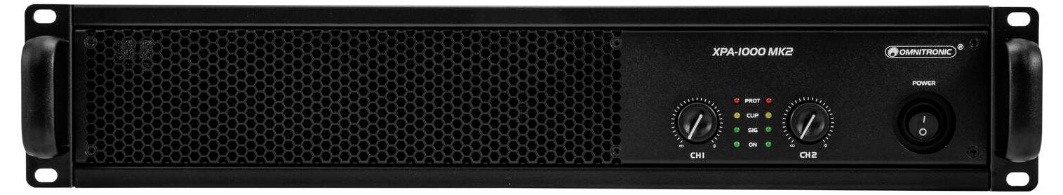 Ein professioneller Audioverstarker mit schwarzem Bedienfeld, zwei Reglern, Ein-/Ausschalter und verschiedenen Anzeigelampen auf der Vorderseite.