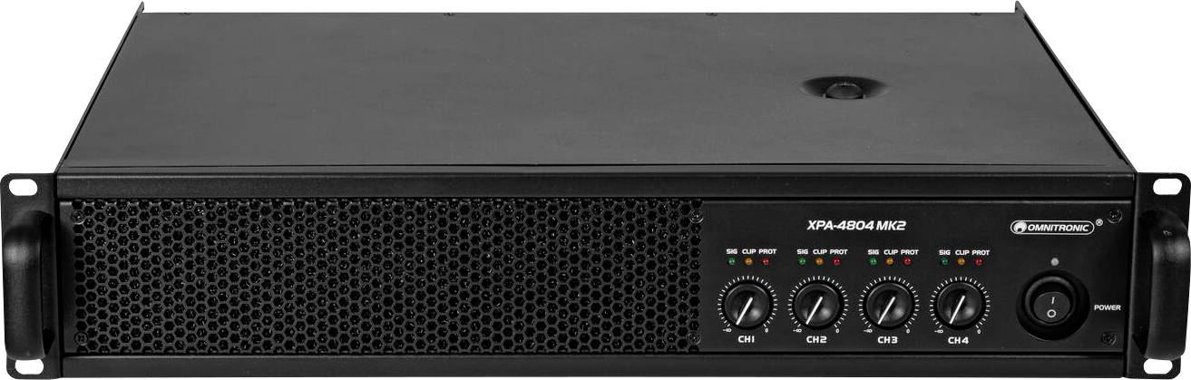 Vorderansicht eines schwarzen Audio-Verstärkers mit einem Metallgitter und vier Reglern mit den Beschriftungen CH1 bis CH4, Anzeigelampen und einem Netzschalter.