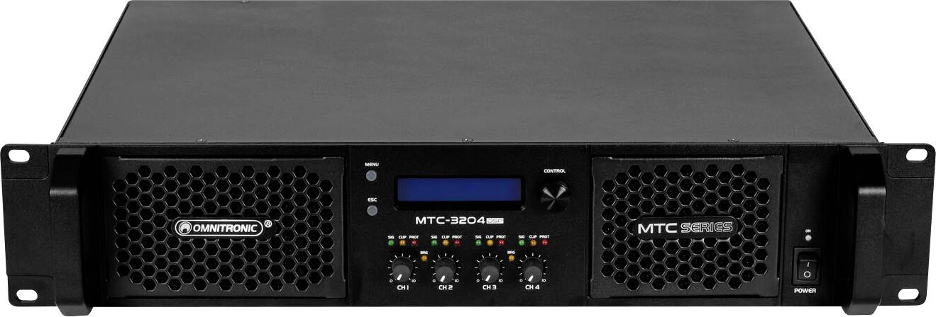Schwarzer Omnitronic MTC-2804 Audioverstärker mit Belüftungsgittern, Bedienungsreglern, digitaler Anzeige und Netzschalter, Frontansicht.