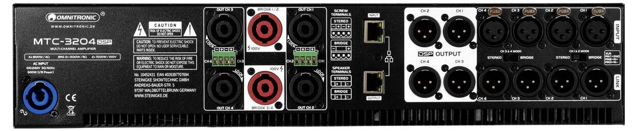 Rückseite eines Audio-Verstärkers mit Ein-/Ausgangsanschlüssen, einschließlich XLR- und RCA-Steckverbindern, Ethernet- und Stromversorgungsanschlüssen, gekennzeichnet als „MTC-3204