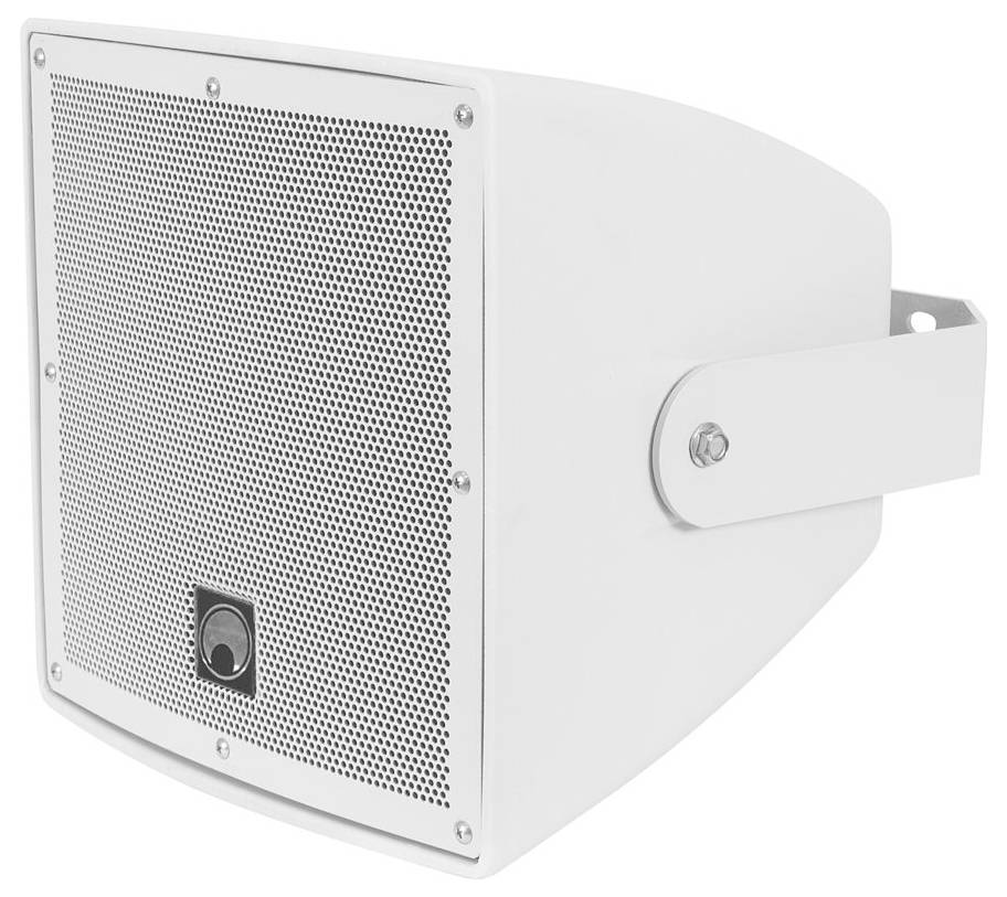 Wandmontierter weißer Lautsprecher mit Metallgitter und verstellbarer Halterung, typischerweise für Beschallungsanlagen oder Soundprojektion verwendet.