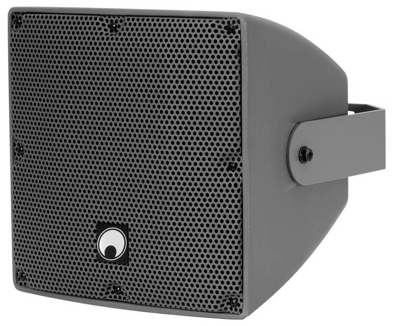 Ein schwarzer, wandmontierter Lautsprecher mit perforiertem Frontpaneel und einem Logo in der Mitte unten.