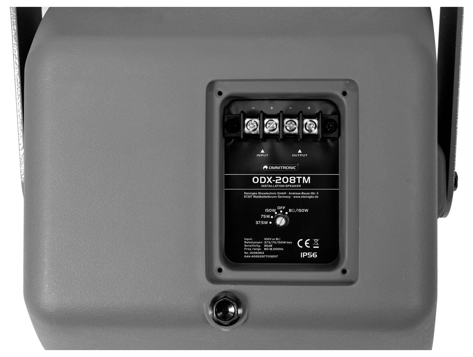 Eine Nahaufnahme des hinteren Panels eines Lautsprechers, die Anschlüsse und Produktinformationen mit der Bezeichnung 