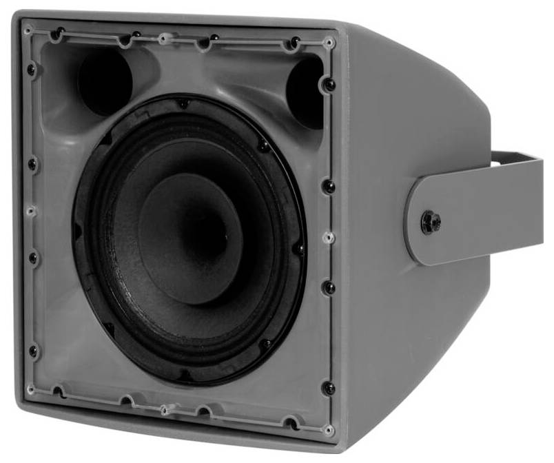 Ein schwarzer Lautsprecher in einem grauen Gehäuse mit einer Seitenkonsole zur Wandmontage, bestehend aus einem runden Hauptlautsprecher und zwei kreisförmigen Anschlüssen oben.