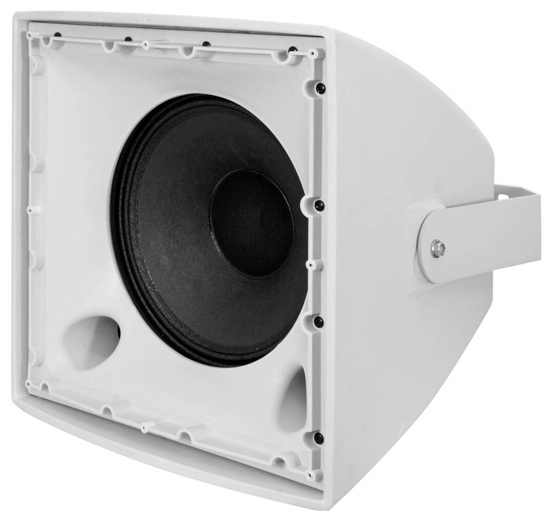 Ein weiß montierter Wandlautsprecher mit einem großen schwarzen Kreiskegel, konzipiert für Beschallungsanlagen oder große Innenklangsysteme.