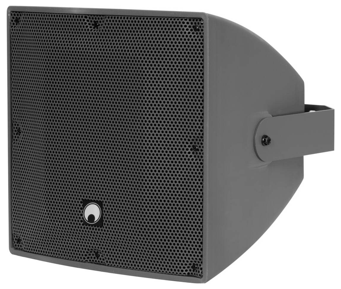 Ein schwarzer, rechteckiger Lautsprecher mit perforiertem Frontgitter und seitlicher Montageklammer.