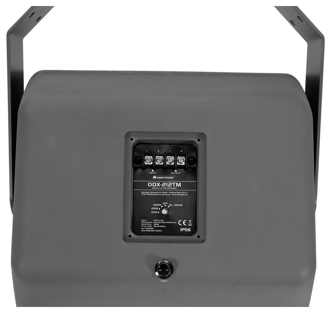 Rückansicht eines elektronischen Geräts mit beschrifteten Anschlüssen, Modell 'ODX-212TM'. Zu den Merkmalen gehören eine IP65-Schutzart und eine Stromaufnahme von 500W.